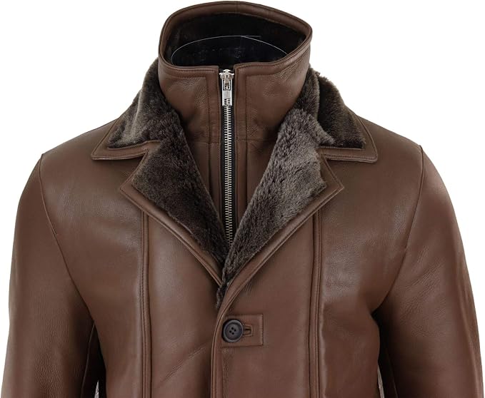 Mens 3/4 Duffle Jacket Real Sheepskin Long Smart Casual Button Zip Warm