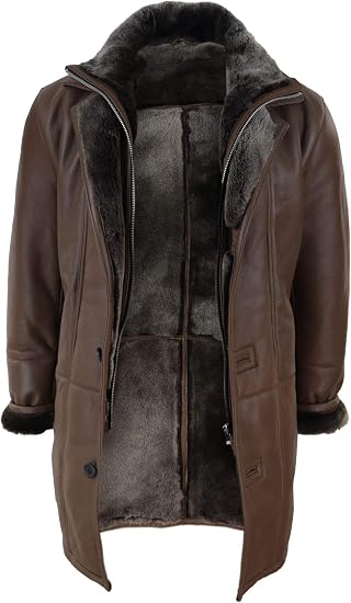 Mens 3/4 Duffle Jacket Real Sheepskin Long Smart Casual Button Zip Warm
