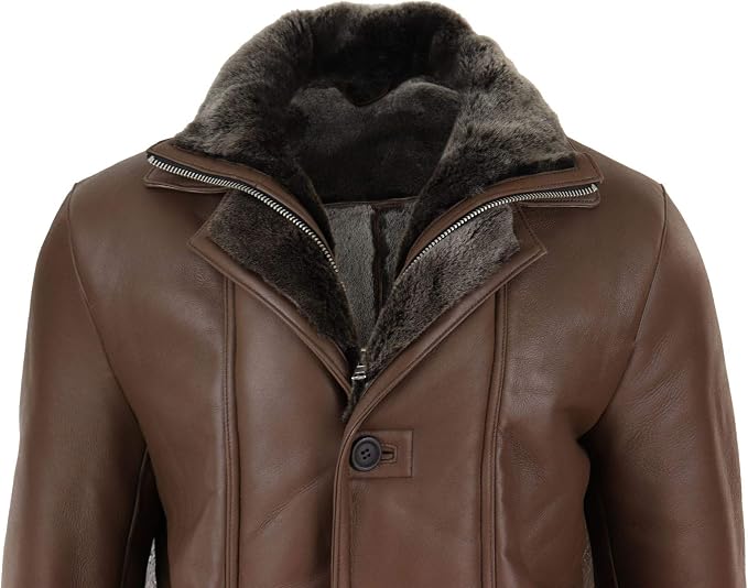 Mens 3/4 Duffle Jacket Real Sheepskin Long Smart Casual Button Zip Warm
