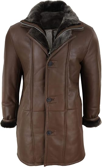 Mens 3/4 Duffle Jacket Real Sheepskin Long Smart Casual Button Zip Warm